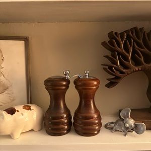 Vintage Walnut Pepper Mill & Salt Shaker Set - Mid Century Silvertone Toppers